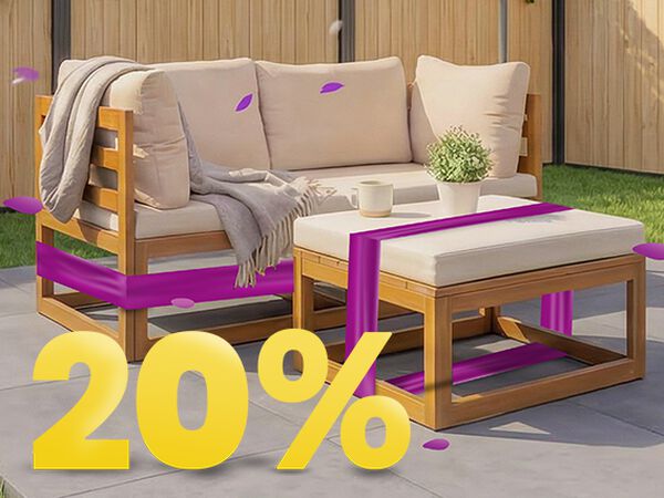 Garden patio with wooden outdoor sofa set, beige cushions and coffee table under umbrella, surrounded by flowers and fence, with 20% discount spring promotion banner.