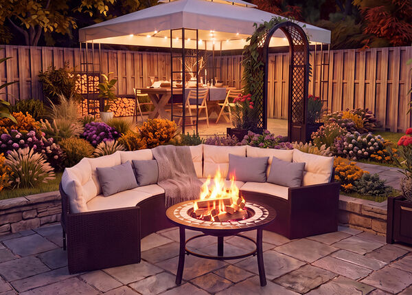Garden lounge area with a circular fire pit and cushioned seating, set in front of a lit garden gazebo surrounded by colorful flowers and landscaped greenery at dusk.