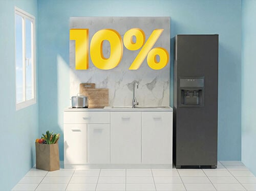 Banner image featuring a "10%" discount in large yellow 3D numbers above a modern kitchen display with white cabinets, a marble backsplash, and a tall black refrigerator against blue walls. Click to see the products in the collection.