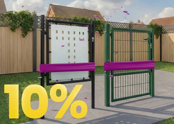Modern metal garden gates and fence panels on a sunny patio, set against a wooden fence with blooming flowers, featuring a 10% spring promotion banner.