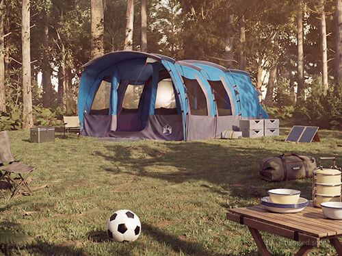 Spacious blue family tent set up outdoors with multiple sections, designed for comfortable group camping
