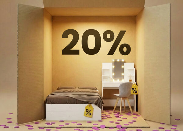 Modern bedroom furniture with a white bed and beige vanity table styled inside a box display, highlighting a 20% discount on bedroom essentials.