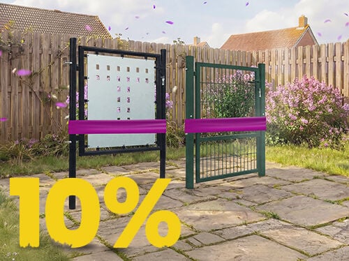 Modern metal garden gates and fence panels on a sunny patio, set against a wooden fence with blooming flowers, featuring a 10% spring promotion banner.