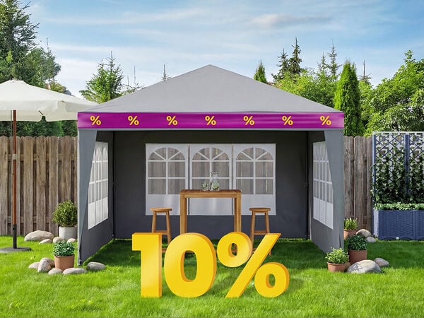 Party tent wrapped in purple-yellow ribbon, with wooden table and 2 stools inside, umbrella, trellis planter and potted plants in garden against wooden fence, with a big 10% discount in front. Click to see the products in the offer.