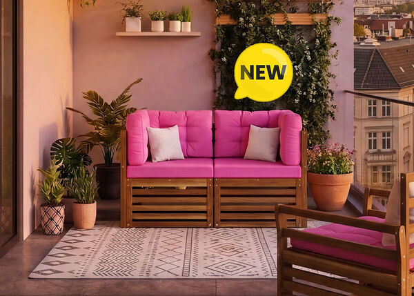 New modular balcony sofa set with bold pink cushions and solid wood frame, styled on a city balcony with plants and a glass railing, NEW badge displayed
