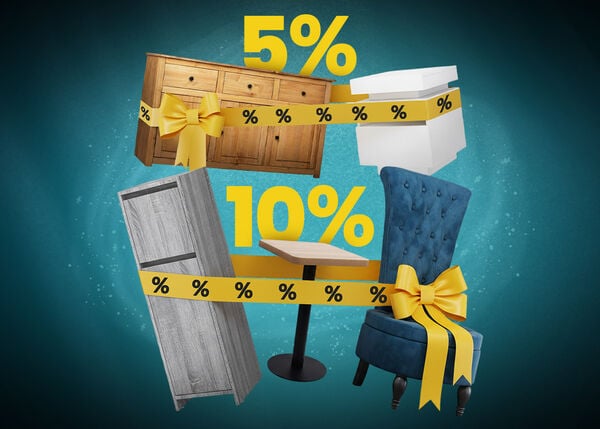 Furniture display with two items marked 5% off and three items marked 10% off, wrapped in yellow discount ribbons.