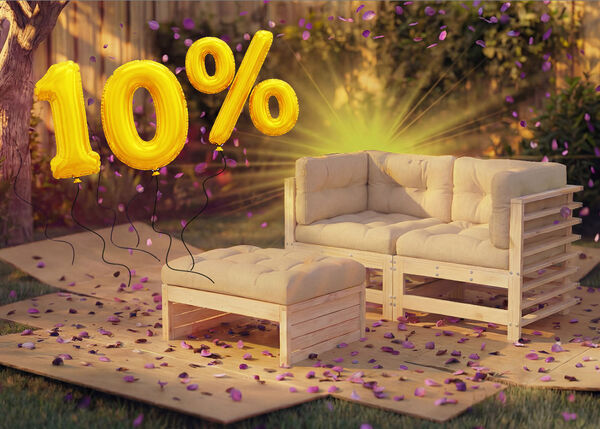 Wooden outdoor lounge sofa with beige cushions and matching ottoman in a garden setting, surrounded by pink confetti and golden 10% discount balloons, highlighting a seasonal sale on outdoor seating furniture.