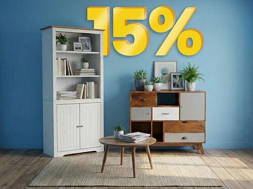 Banner image featuring a "15%" discount in large yellow 3D numbers above a modern room display with a white tall shelving unit, a wooden sideboard, and a small round coffee table on a neutral rug. Click to see the products in the collection.