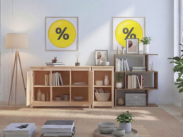 Bright Scandinavian-style living room featuring sideboards, open storage shelves, books, vases, plants, and a coffee table, with large window light and percentage discount wall art highlighting home storage and furniture offers.