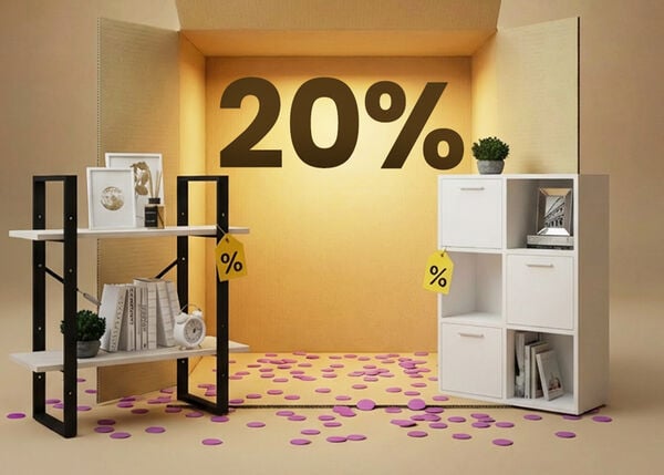 Black metal and light wood shelving with white cube storage units displayed in a box setting, promoting a 20% discount on storage furniture.