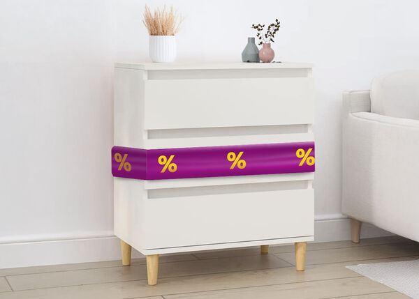 White chest of drawers with purple ribbon showing discount icons, next to sofa in a styled living room.