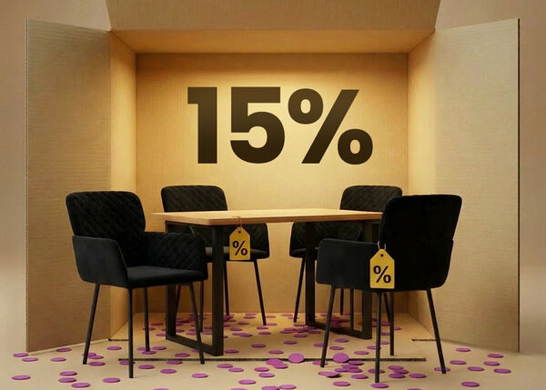 Dining table with black upholstered chairs arranged in a box-style interior, highlighting a 15% discount on dining room furniture.