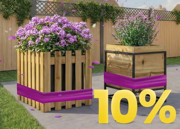 Wooden garden planters filled with blooming purple flowers on a sunny patio, with 10% discount spring promotion banner and decorative garden setting.