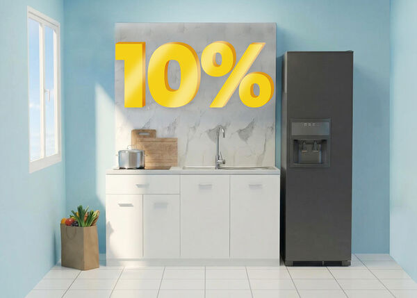 Banner image featuring a "10%" discount in large yellow 3D numbers above a modern kitchen display with white cabinets, a marble backsplash, and a tall black refrigerator against blue walls. Click to see the products in the collection.