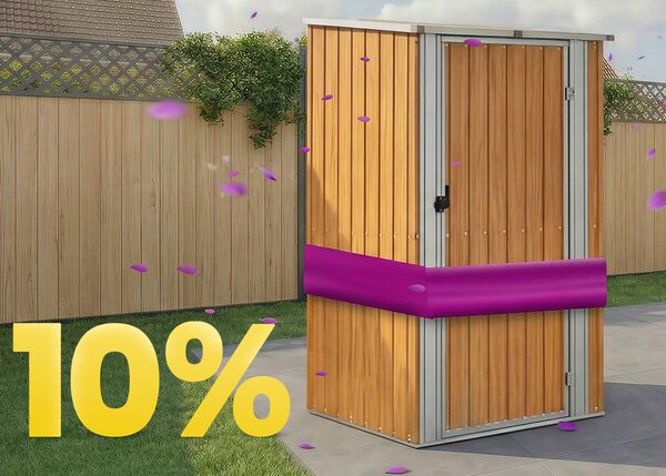 Wooden garden storage shed under a gazebo on a sunny patio, surrounded by flowers and fence, featuring a 10% spring promotion banner.