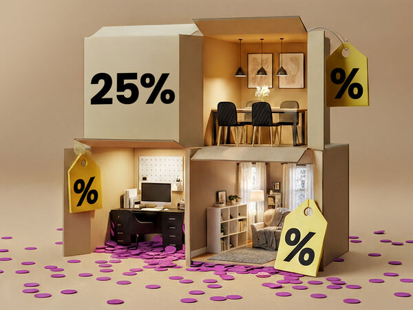 Box-style home interior featuring white, black and wood furniture across living room, dining area and home office, with discounts of up to 25% on home furnishings