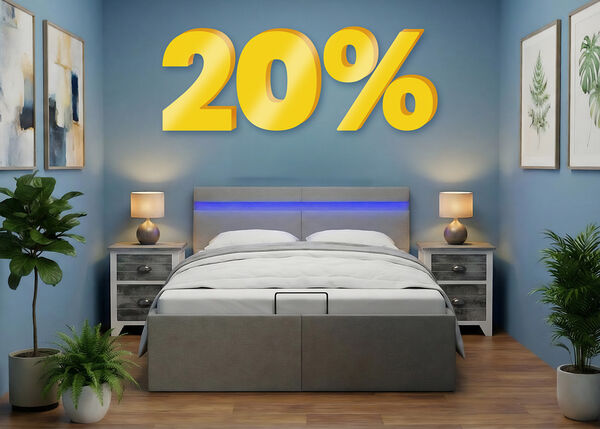 Banner image featuring a "20%" discount in large yellow 3D numbers above a modern bedroom display with a grey bed, blue walls, and bedside plants. Click to see the products in the collection.