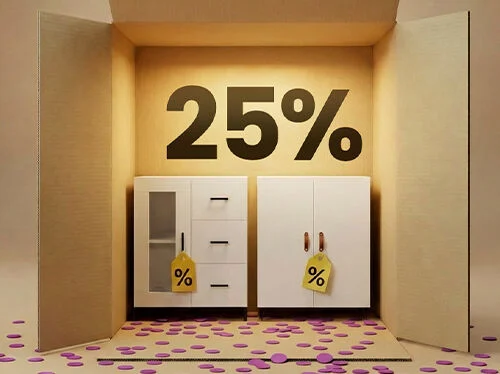 Modern white sideboards and cabinets presented in a box display, featuring a 25% discount on storage and cabinet furniture.