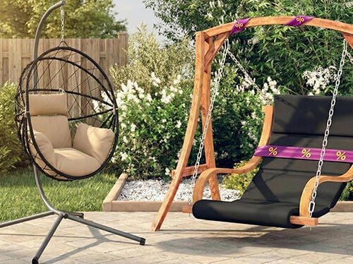 Wooden swing bed wrapped in purple-yellow discount ribbon and a metal hanging egg chair on a patio, flowers and greenery behind. Click to see the products in the offer.