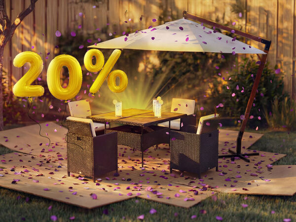 Outdoor garden dining set with table, four rattan chairs and a cantilever umbrella in a sunny backyard, decorated with pink confetti and a golden 20% discount balloon, highlighting a seasonal sale on garden furniture.