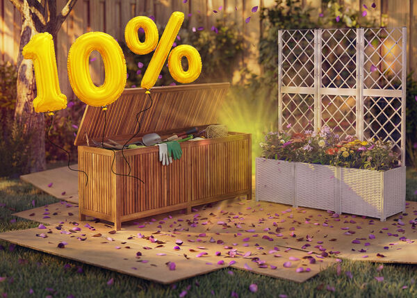 Garden storage box with tools and a planter with trellis and flowers in a backyard setting, surrounded by pink confetti and golden 10% discount balloons, highlighting a seasonal sale on garden storage and planters.