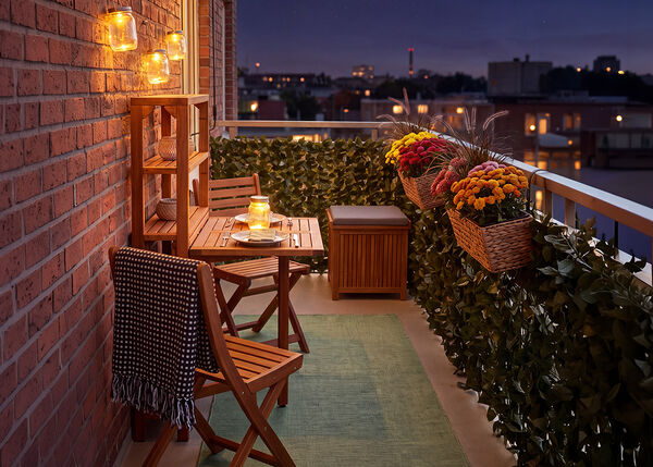 Small balcony with wooden chairs and table, illuminated by lanterns and candles, decorated with potted flowers and greenery, overlooking a city skyline at night.