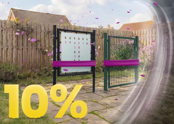 Modern metal garden gates and fence panels on a sunny patio, set against a wooden fence with blooming flowers, featuring a 10% spring promotion banner.