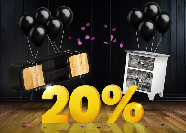 Black TV console and white side table with black balloons in front of a bright yellow 20% sign on a dark wooden floor.