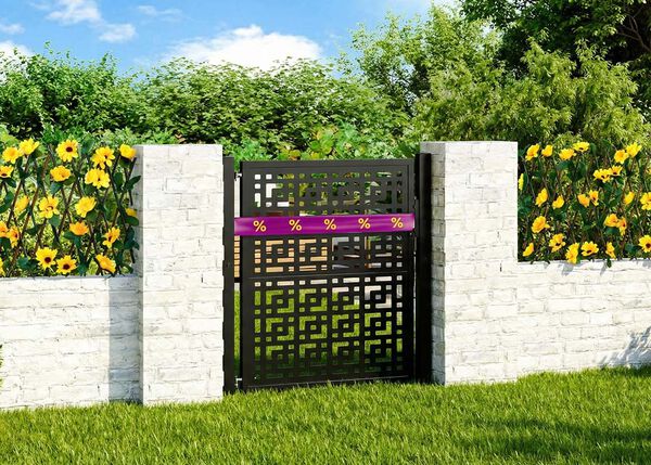 Black metal garden gate wrapped in purple-yellow discount ribbon, framed by white concrete fence with flowers and greenery behind.