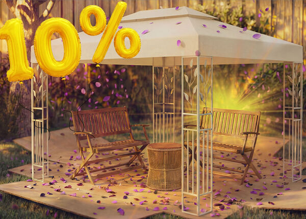 Garden gazebo with two wooden benches and a small table underneath, surrounded by pink confetti and golden 10% discount balloons, highlighting a seasonal offer on gazebos and garden canopies.