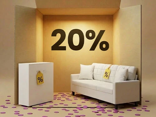 Living room setup with a white sofa and white storage cabinet arranged in a box-style scene, showing a 20% discount on living room furniture.