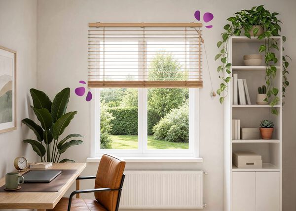 A bright home office corner with a wood Venetian blind on a large window, letting in soft natural light and framing a view of a green garden outside. A wooden desk and leather chair sit below, styled with a laptop, stationery and a ceramic mug. A tall plant, open shelving with books and small cacti, and a clothing rack complete the calm and organised workspace.