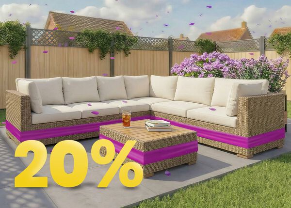 Rattan outdoor corner sofa set with beige cushions and wooden coffee table on a sunny garden patio, surrounded by flowers and wooden fence, featuring a 20% spring promotion banner.