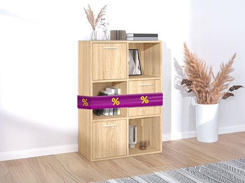 Wooden bookcase with purple ribbon showing discount icons, in a styled room. Click to see the products in the offer.