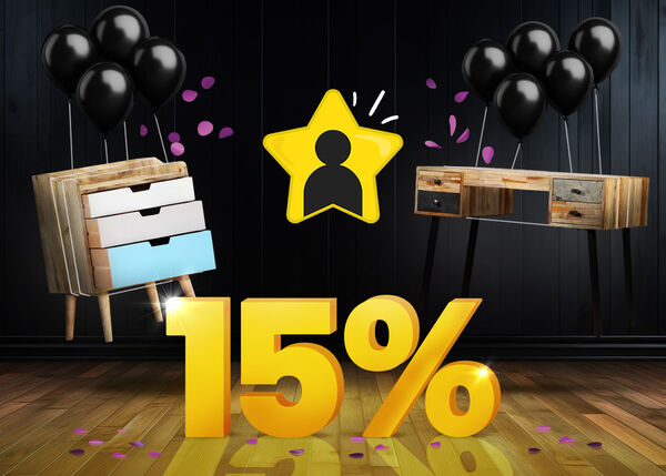 Chest of drawers and sideboard with 15% discount sign, black balloons, yellow star icon, purple confetti, on dark wood floor and black panels.