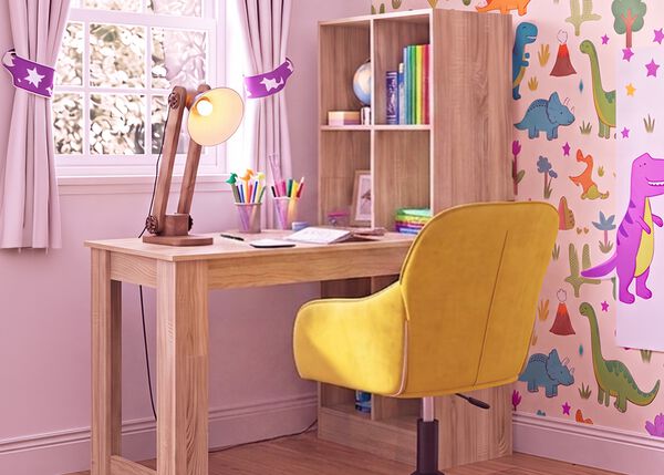 Bright children's study room with a wooden desk, ergonomic yellow chair, desk lamp, storage shelf, and dinosaur wallpaper, ideal for creating an organized and comfortable learning space at home.