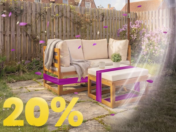 Garden patio with wooden outdoor sofa set, beige cushions and coffee table under umbrella, surrounded by flowers and fence, with 20% discount spring promotion banner.