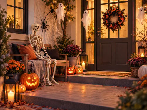 Halloween-decorated front porch with glowing pumpkins, a skeleton on a bench, hanging ghosts, spiderwebs, and warm festive lights.