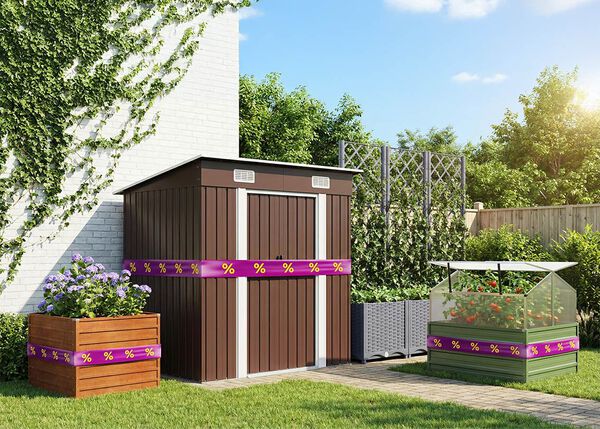 Brown wooden garden shed and planter with purple flowers on green patio, wrapped in purple-yellow discount ribbons. 