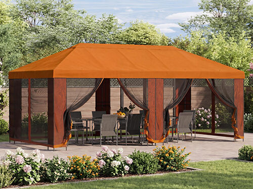 Large orange garden gazebo with mesh curtains, covering a dining table and chairs on a patio, surrounded by flowers and greenery in bright daylight.