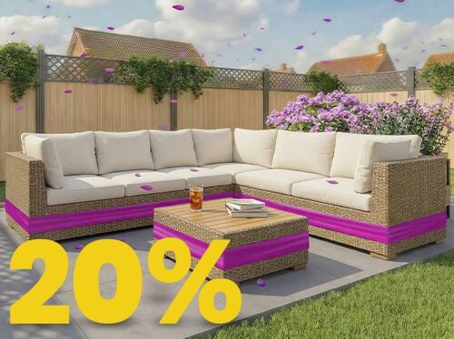 Rattan outdoor corner sofa set with beige cushions and wooden coffee table on a sunny garden patio, surrounded by flowers and wooden fence, featuring a 20% spring promotion banner.