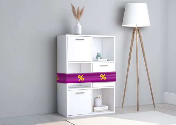 White shelving unit with purple ribbon showing discount icons, next to floor lamp, in a styled room.