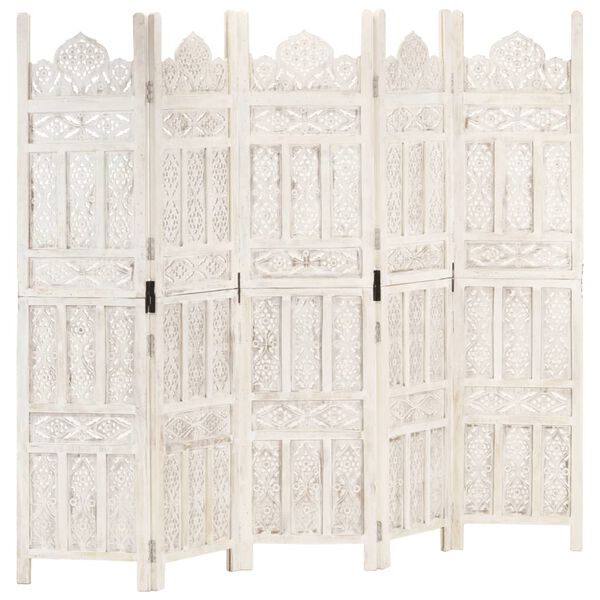 vidaXL Hand carved 5-Panel Room Divider White 200x165 cm Solid Mango Wood