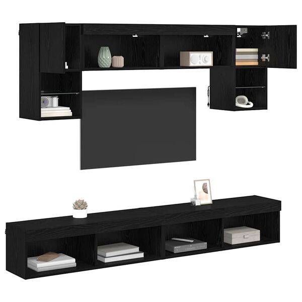 vidaXL TV Wall Units with LED 6 pcs Black Oak Engineered Wood