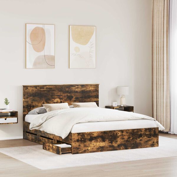 vidaXL Bed Frame with Drawer Smoked Oak 160 x 200 cm Engineer Wood