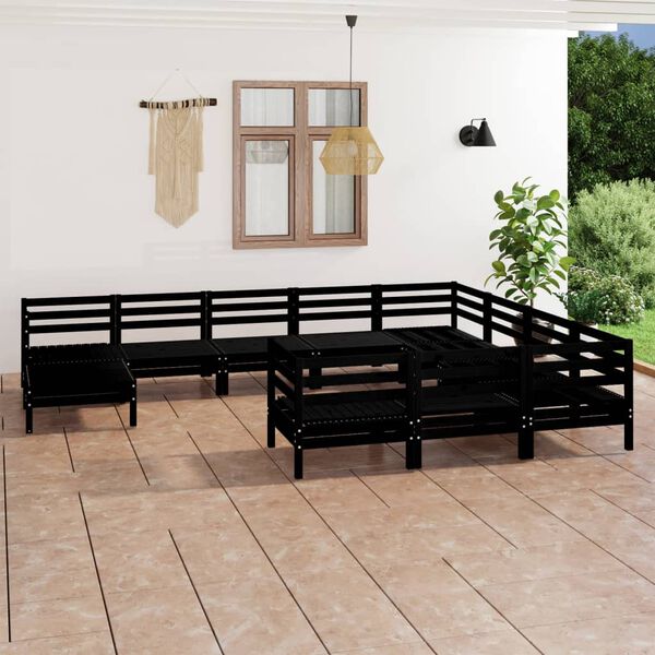 vidaXL 11 Piece Garden Lounge Set Black Solid Wood Pine
