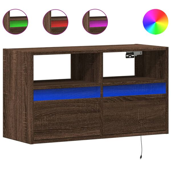 vidaXL TV Wall Cabinet with LED Lights Brown Oak 80x31x45 cm