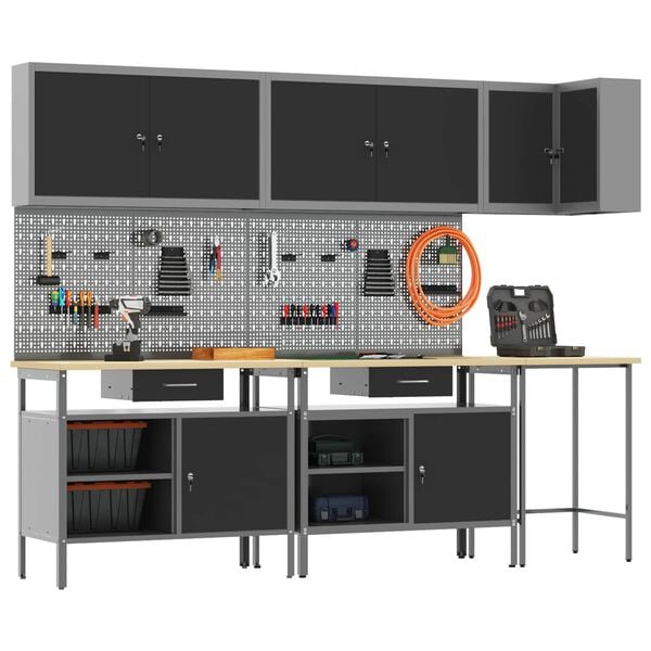 vidaXL Work Cabinet Set with Drawer with Shelf 10 pcs Black and Grey