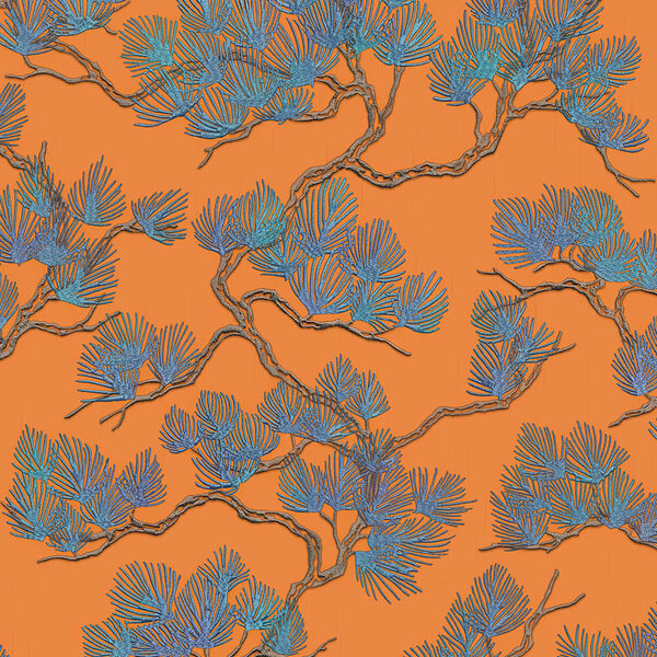 DUTCH WALLCOVERINGS Wallpaper Pine Tree Blue and Orange