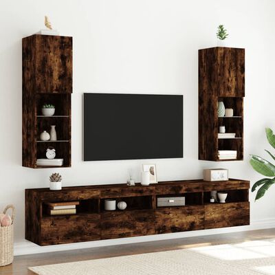 vidaXL TV Cabinets with LED Lights 2 pcs Smoked Oak 30.5x30x102 cm